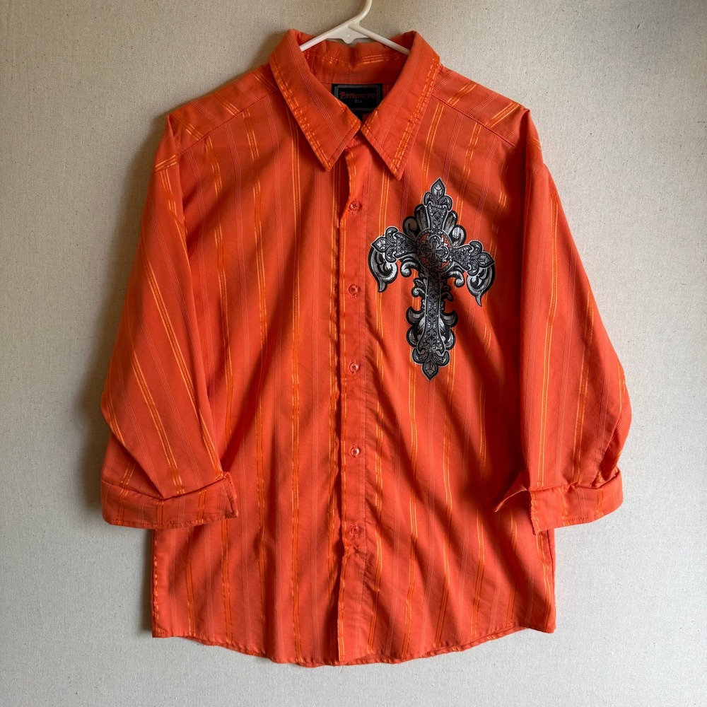 Patroncito Embroidered Button Up Shirt Mens Orange Stripe Cross Wing USA - XL